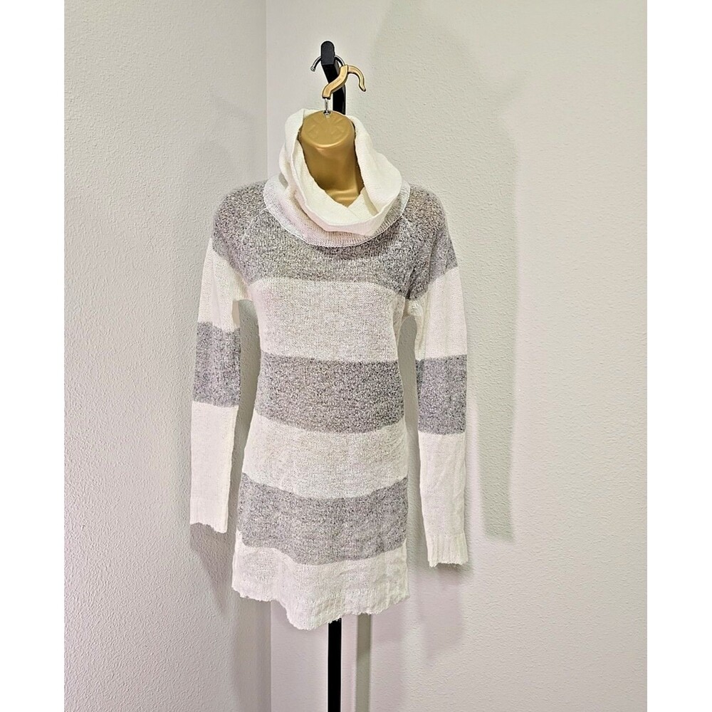 Y2K Turtle Neck Tunic Sweater Dress Med Mohair Wool Blend Wide Stripe Cream Gray
